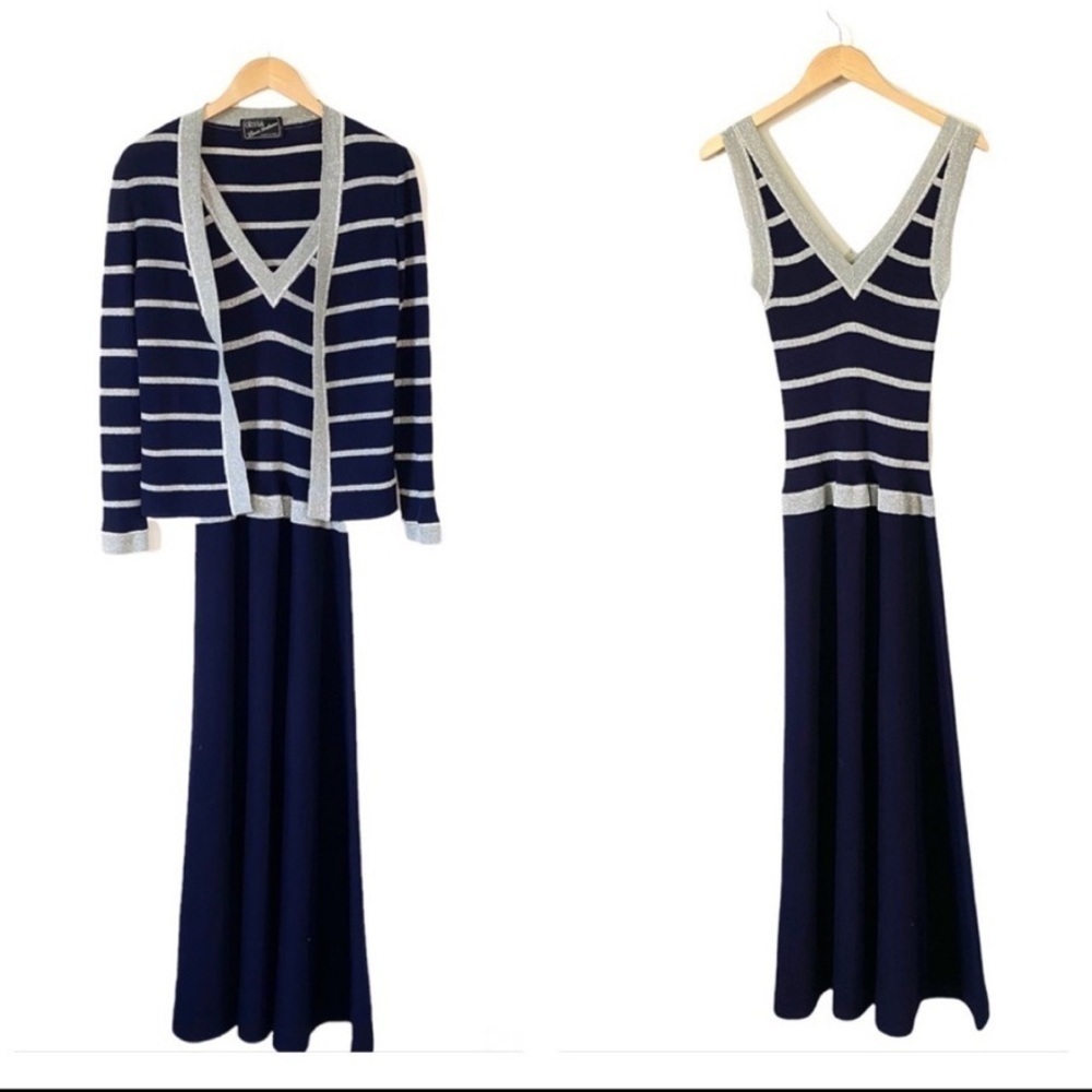 Vintage 70s Crissa Linea Italiana Lame Maxi Dress & Cardigan Navy Silver Stripe